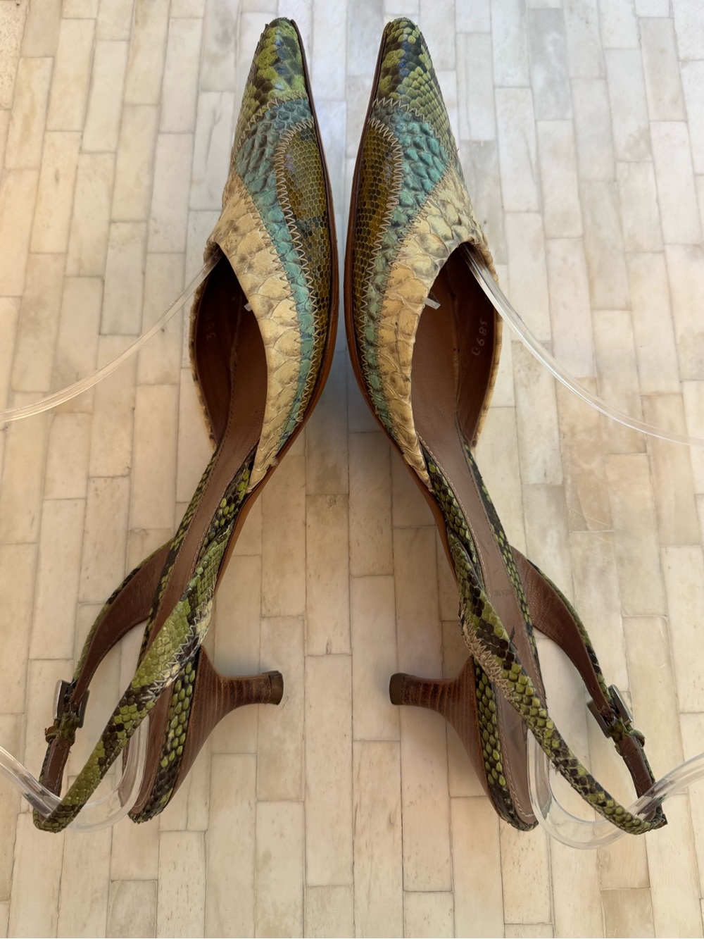 Prada 1P5478 Patch Summer Menta Python Snakeskin Slingback Heels 37 Y2K Shoes - Picture 5 of 10